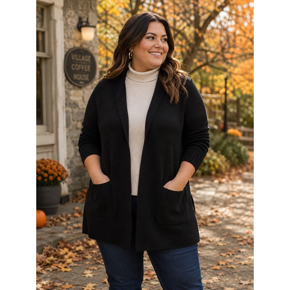 Talbots Cardigan Sweater Women 3X Black Wool Blend Open Shawl Collar Pockets